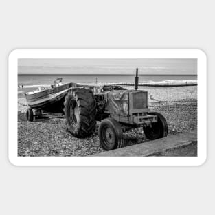 Tractor and fishing boat on Cromer beach, Norfolk Sticker